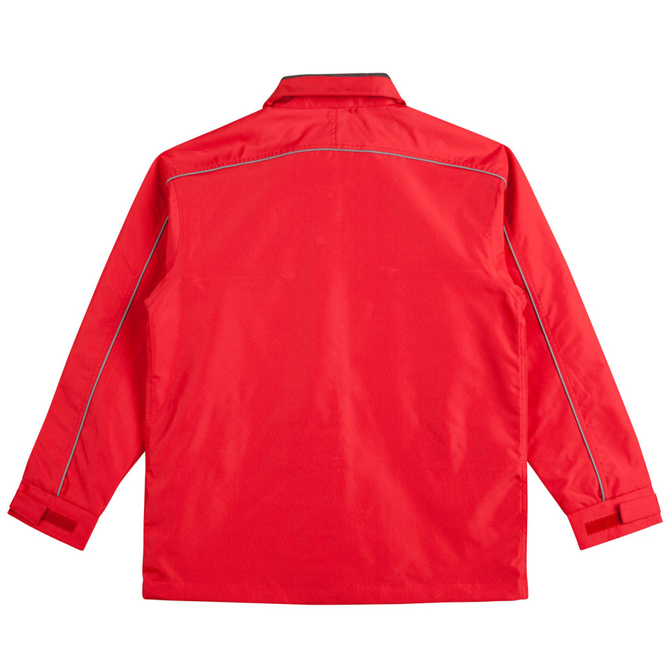 Red shell jacket rear view with reflective piping detail across back yoke and charcoal collar trim