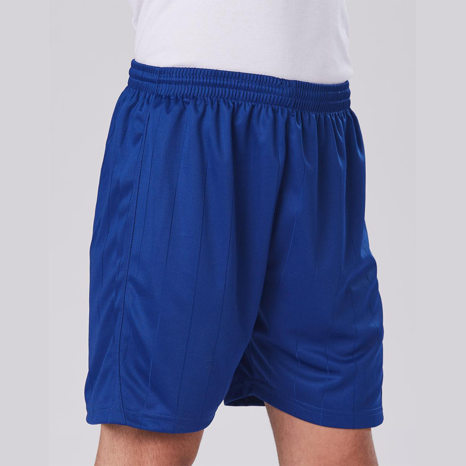Royal blue CoolDry soccer shorts with subtle shadow stripe panels and elasticated waistband, worn by male model