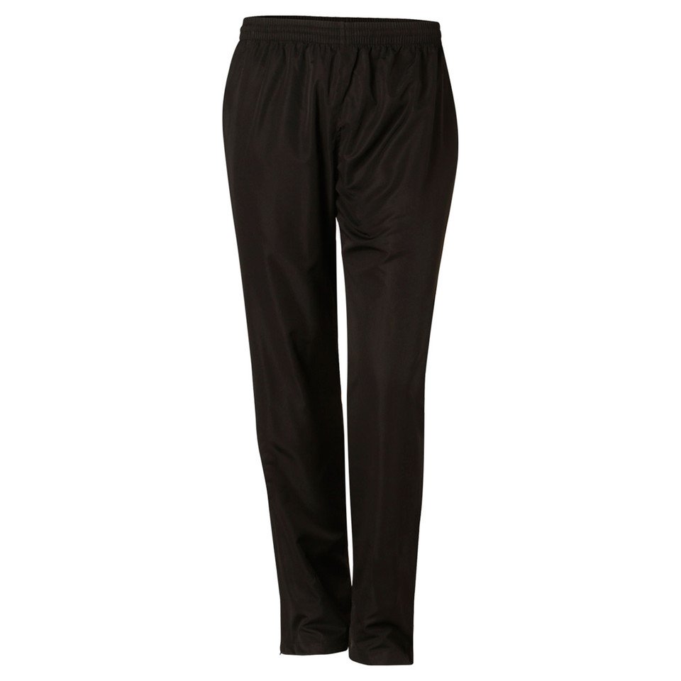 Black polyester track pants with white side piping and elasticated waistband