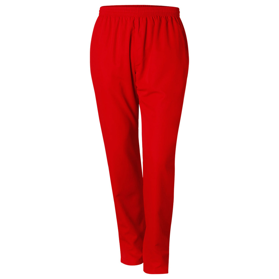 Bright red polyester track pants with elastic waistband and tapered legs shown from back angle
