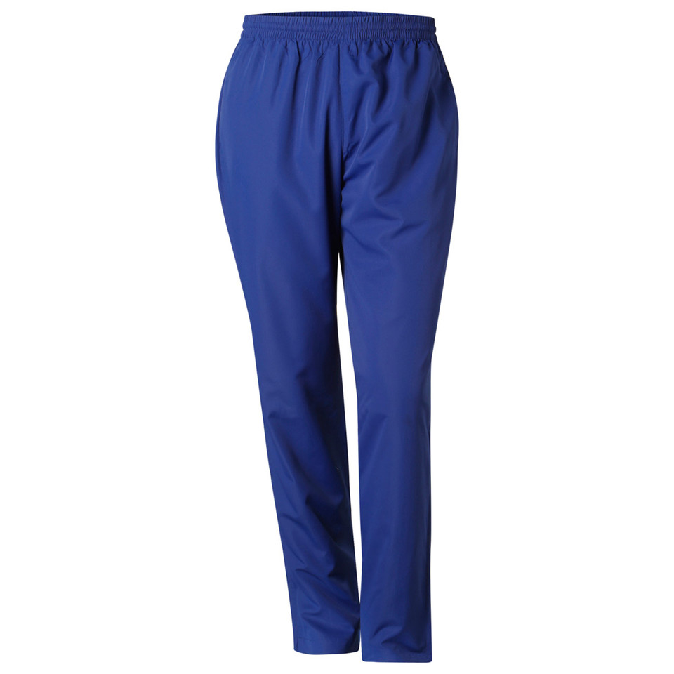 Royal blue polyester track pants with elasticated waistband and side pockets