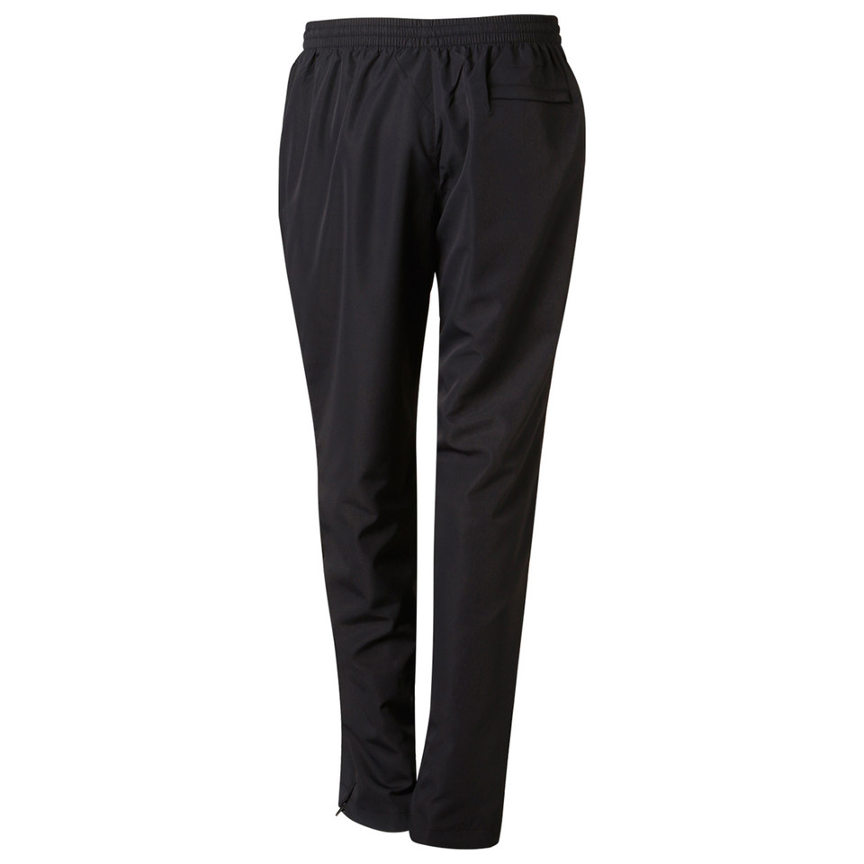 Black polyester track pants with elasticated waistband and ankle zips