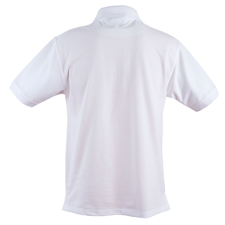 White short sleeve polo shirt with flat knit collar, rear view showing smooth back panel