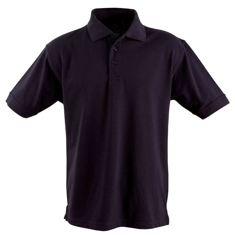 Navy short sleeve polo shirt with collar and three-button placket on white background