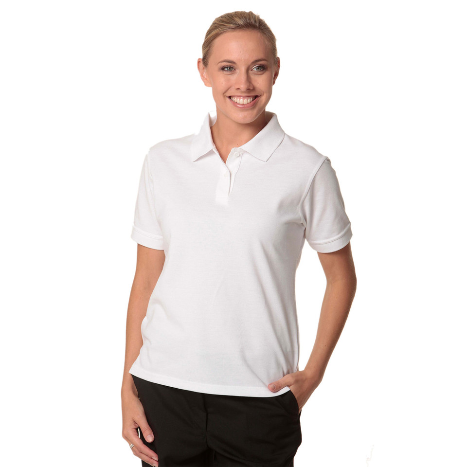 White short sleeve polo shirt with collar and button placket, styled with black trousers