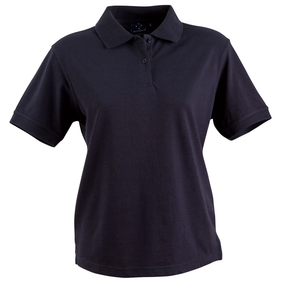 Navy ladies polo shirt with collar and button placket, short sleeves with clean decoration panel