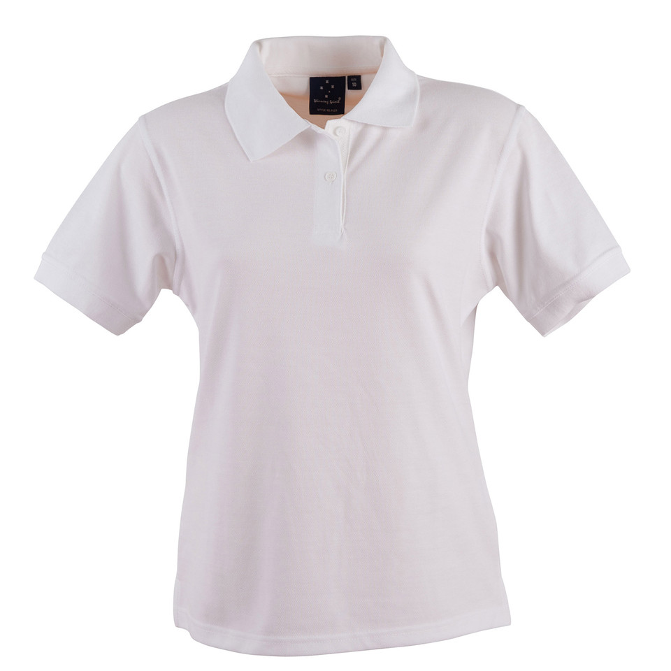 White ladies polo shirt with collar and short sleeves, smooth fabric with button placket