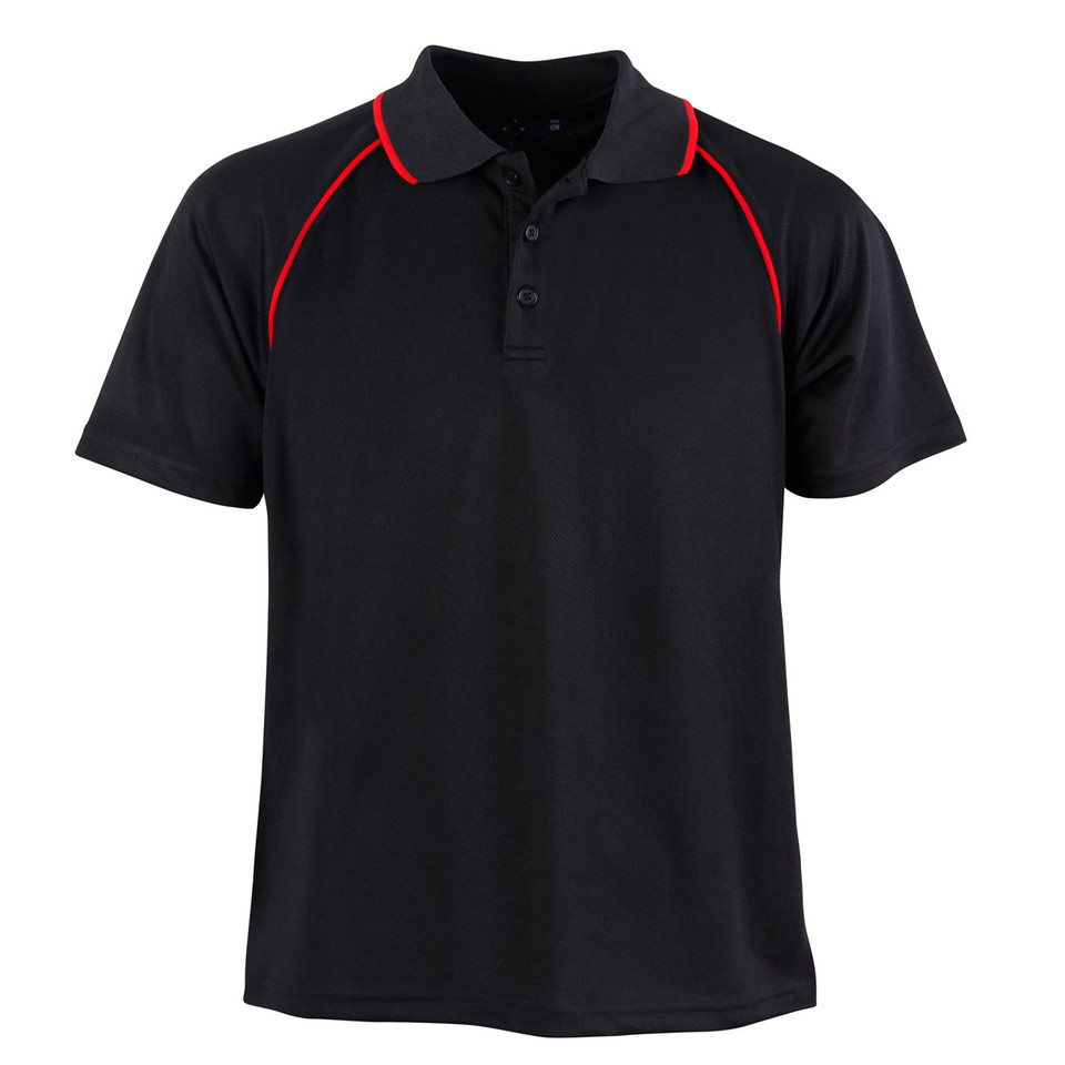 Black CoolDry polo shirt with red contrast piping along raglan sleeves and collar trim