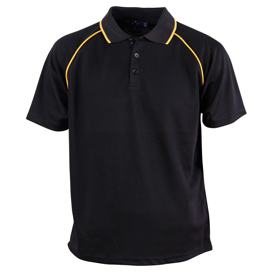 Black kids' polo shirt with gold contrast piping along raglan sleeves and collar trim