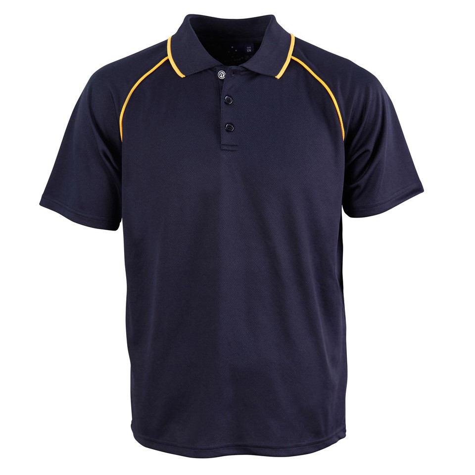 Navy kids' polo shirt with golden yellow contrast piping along raglan sleeves and collar