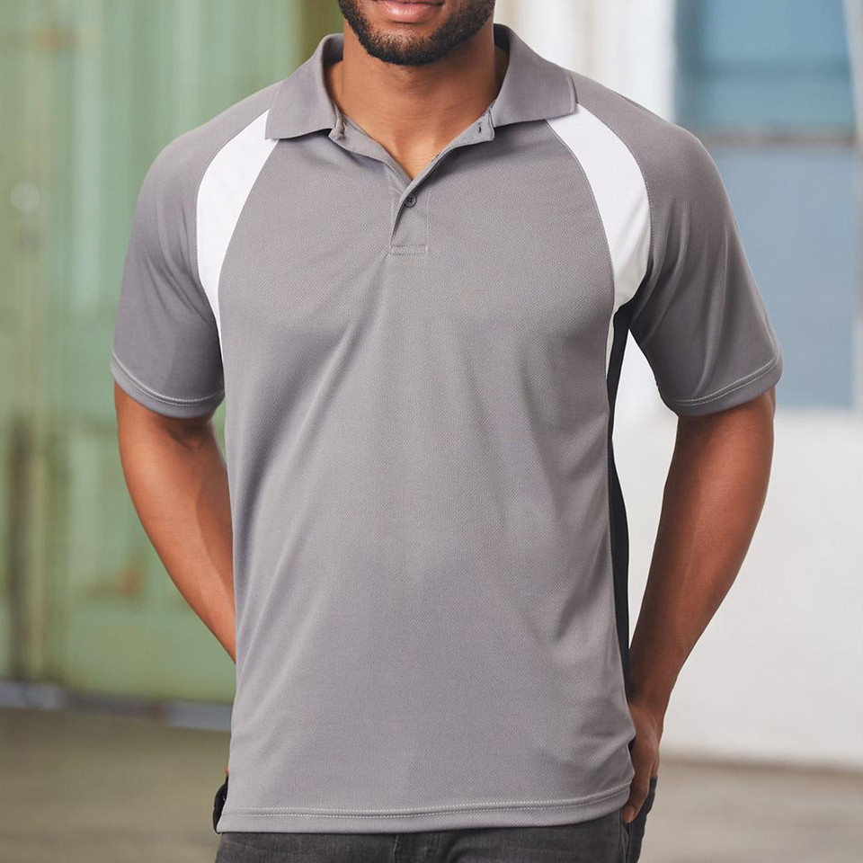 Grey CoolDry polo shirt with white shoulder panels and contrast sleeve detailing