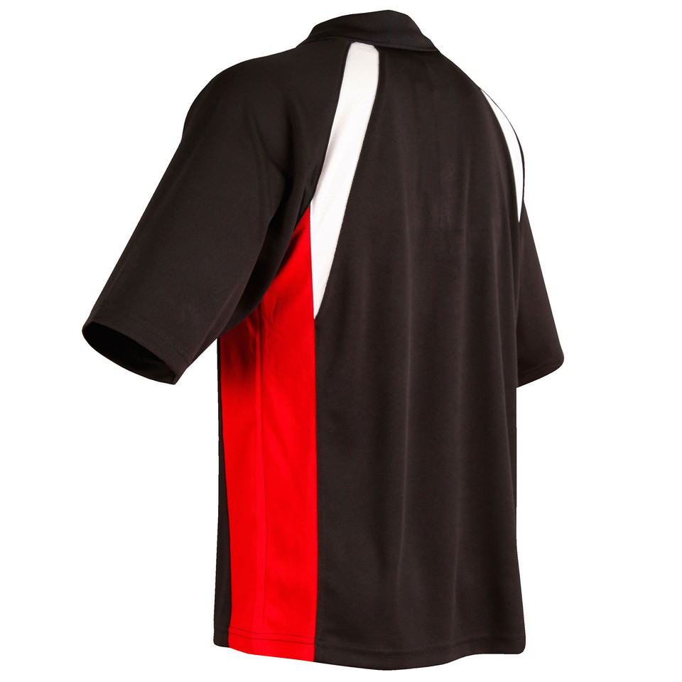 Black polo shirt with bold red side panel and white shoulder stripe in moisture-wicking fabric
