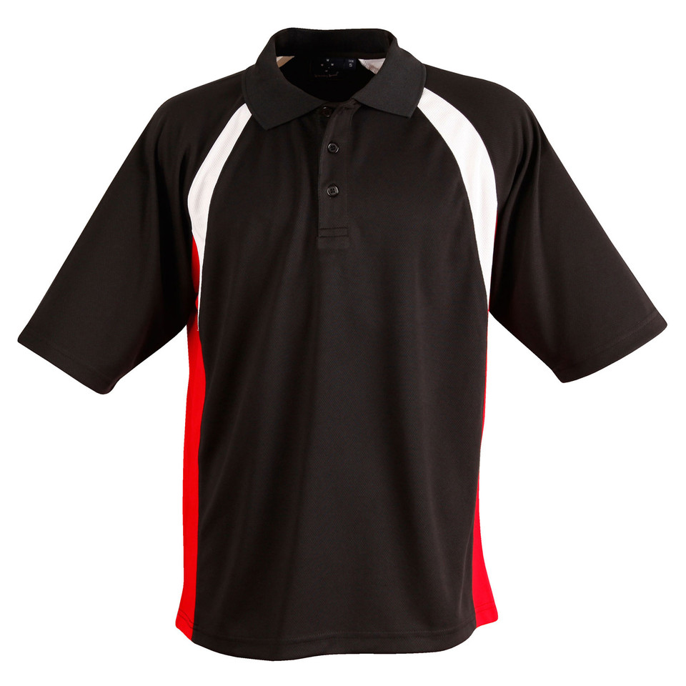 Black+White+Red EMU Men's Cooldry Tri Colour Contrast Polo Shirt, a quick-dry, moisture-wicking top with three contrasting colors, ideal for team uniforms or corporate sportswear.