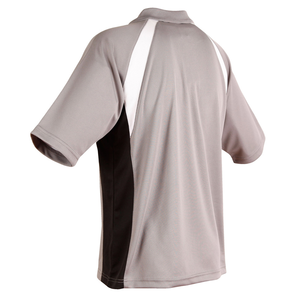 Grey+White+Black EMU Men's Cooldry Tri Colour Contrast Polo Shirt, a quick-dry, moisture-wicking top with three contrasting colors, ideal for team uniforms or corporate sportswear.