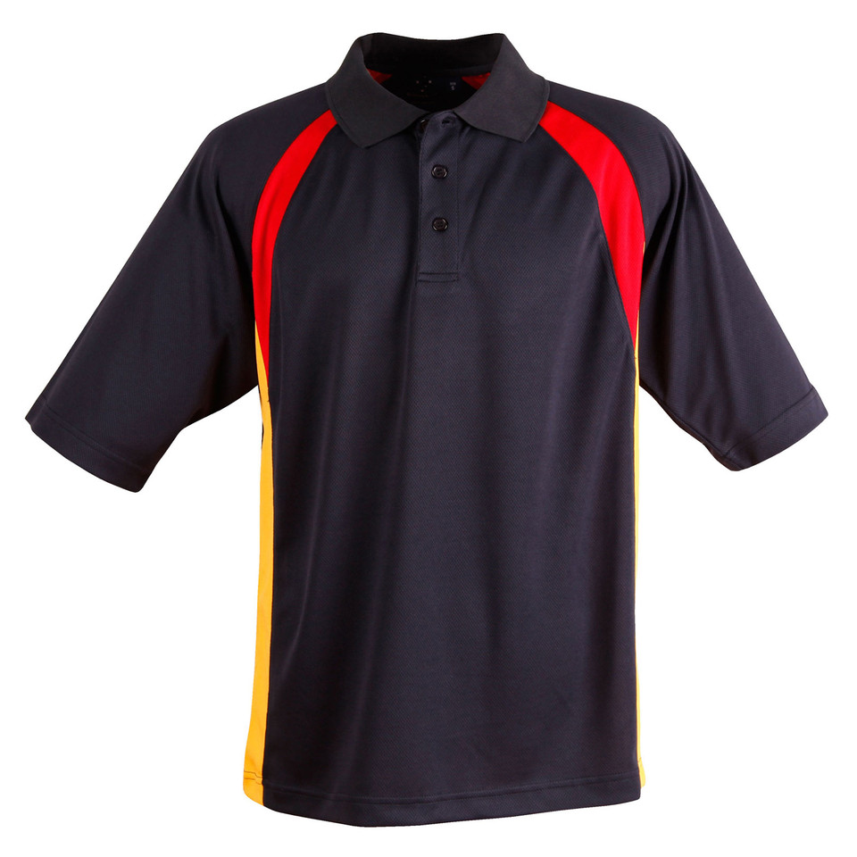 Charcoal grey polo shirt with red shoulder panels and gold side contrast panels