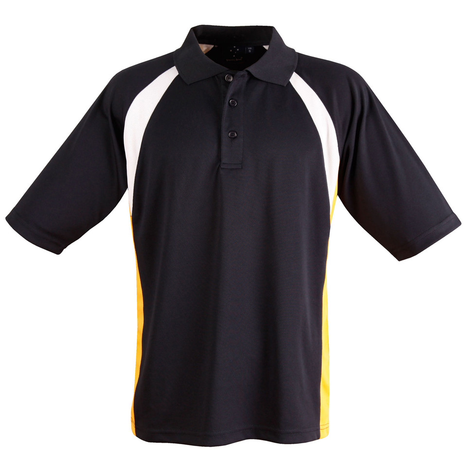 Navy+White+Gold EMU Men's Cooldry Tri Colour Contrast Polo Shirt, a quick-dry, moisture-wicking top with three contrasting colors, ideal for team uniforms or corporate sportswear.