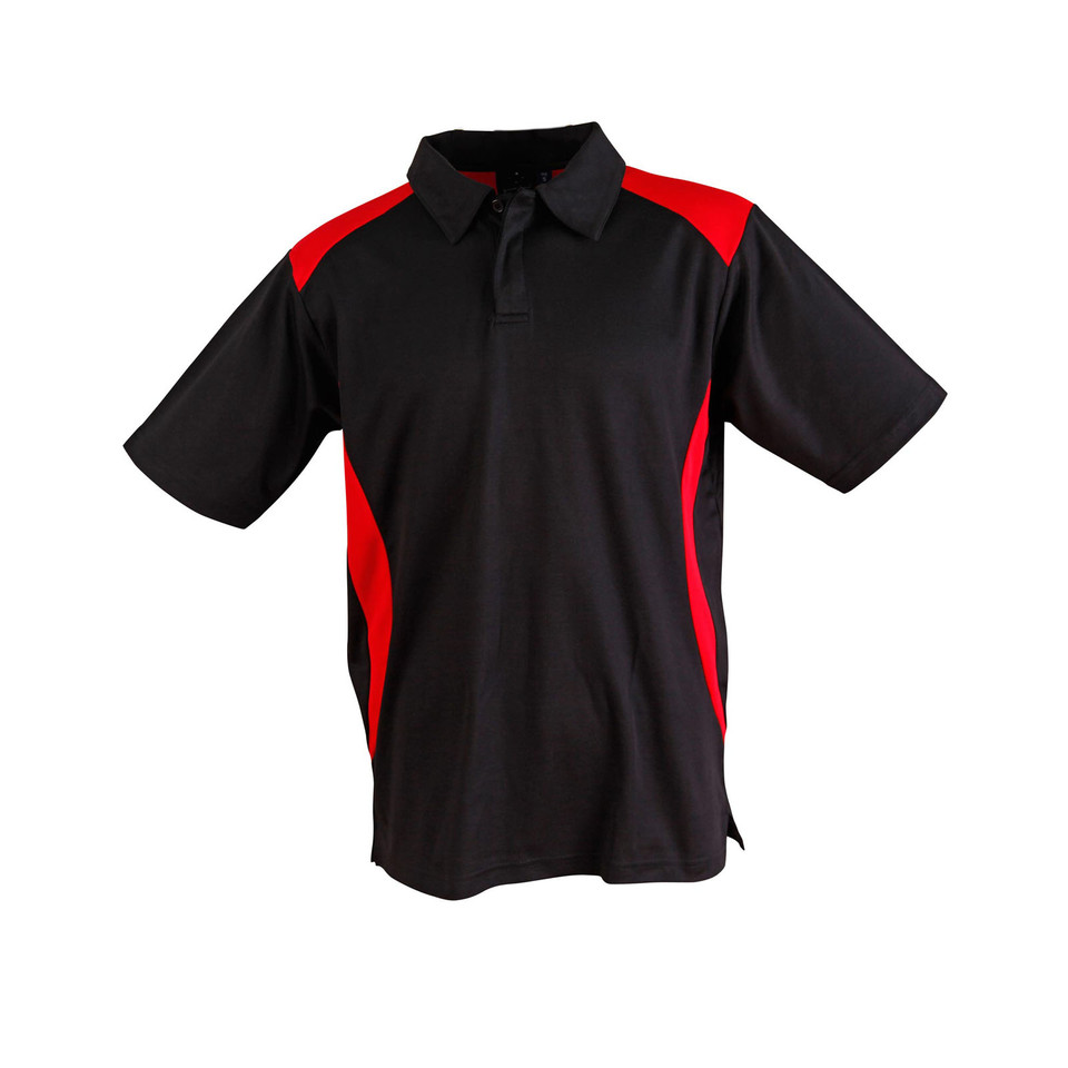 Black+Red Plain Secret children's short sleeve CoolDry polo shirt with contrast panels, made from quick-dry polyester mesh for moisture-wicking comfort and team uniforms.
