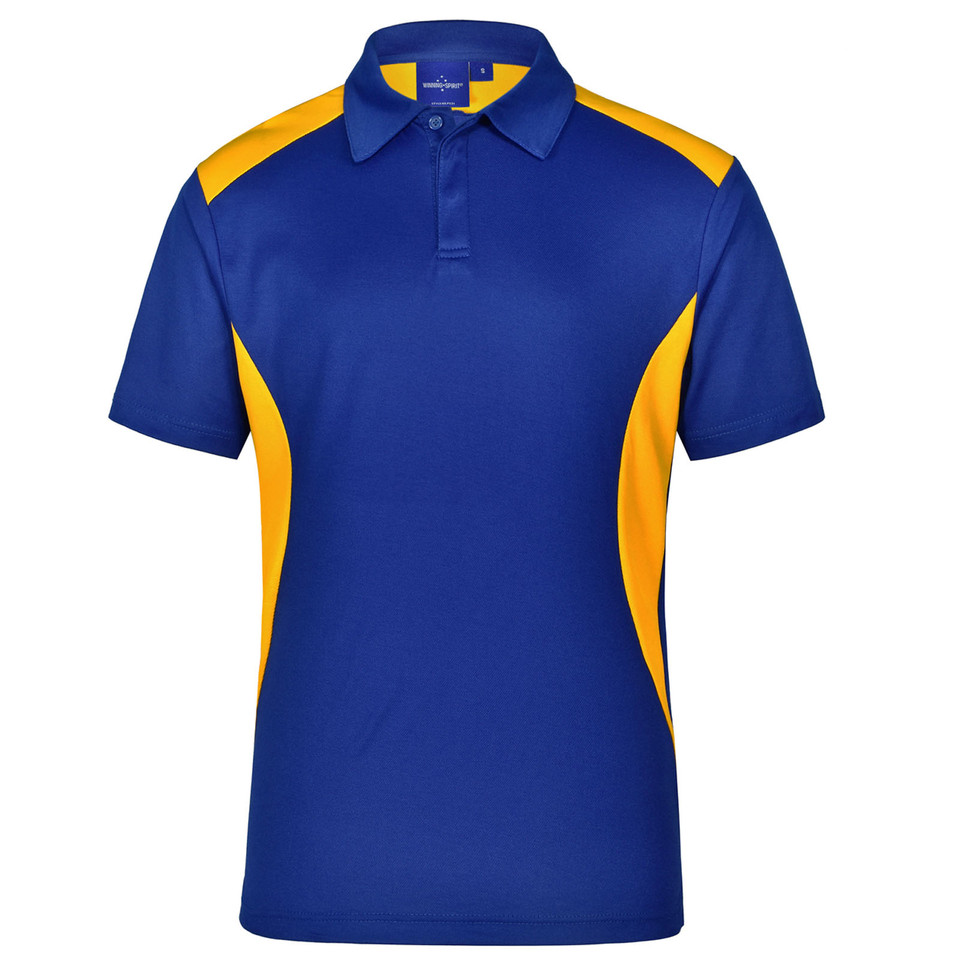Royal blue kids' polo shirt with golden yellow contrast panels on sides and shoulders
