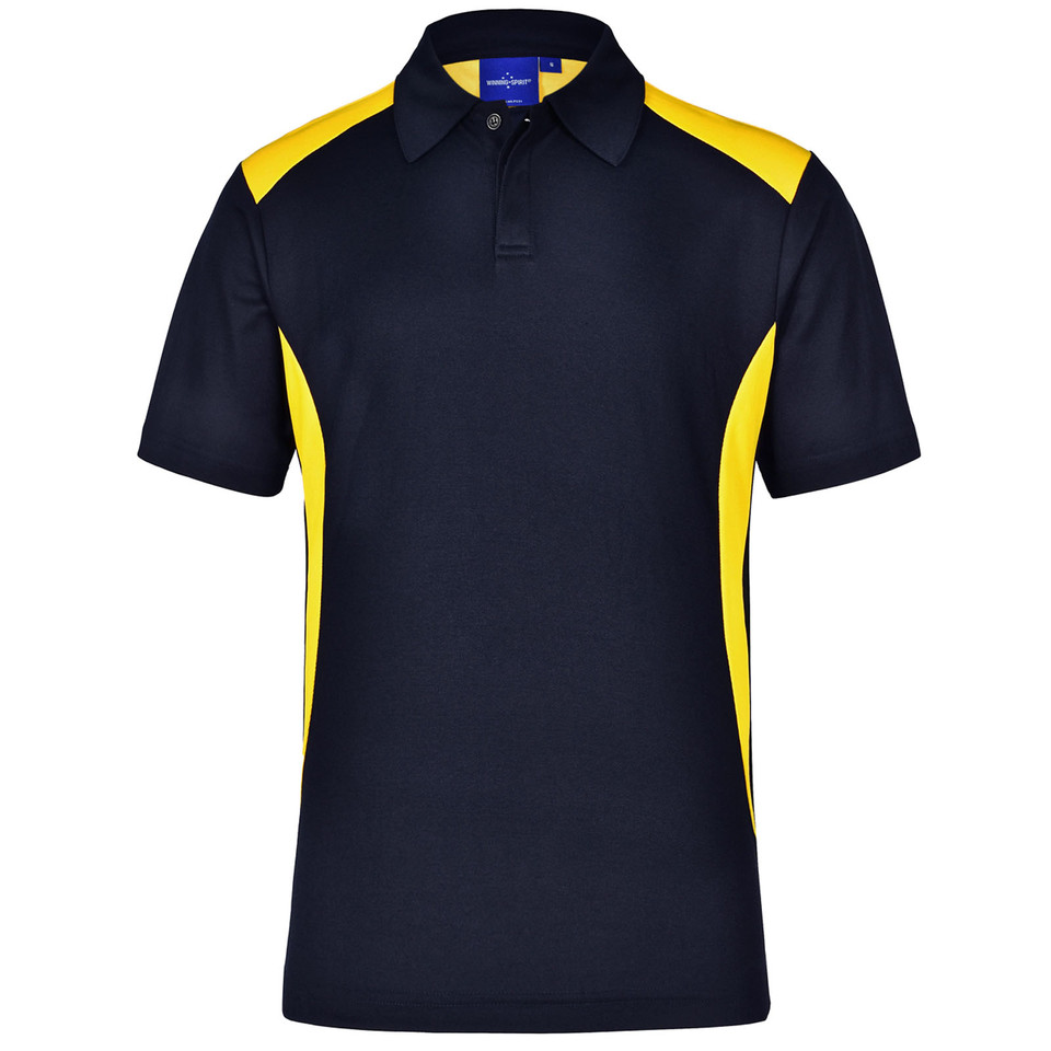 Navy+Gold Plain Secret children's short sleeve CoolDry polo shirt with contrast panels, made from quick-dry polyester mesh for moisture-wicking comfort and team uniforms.