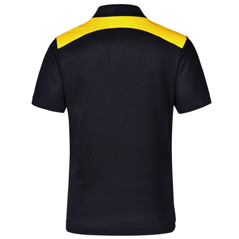 Black CoolDry polo with gold contrast panel across shoulders, rear view showing short sleeves