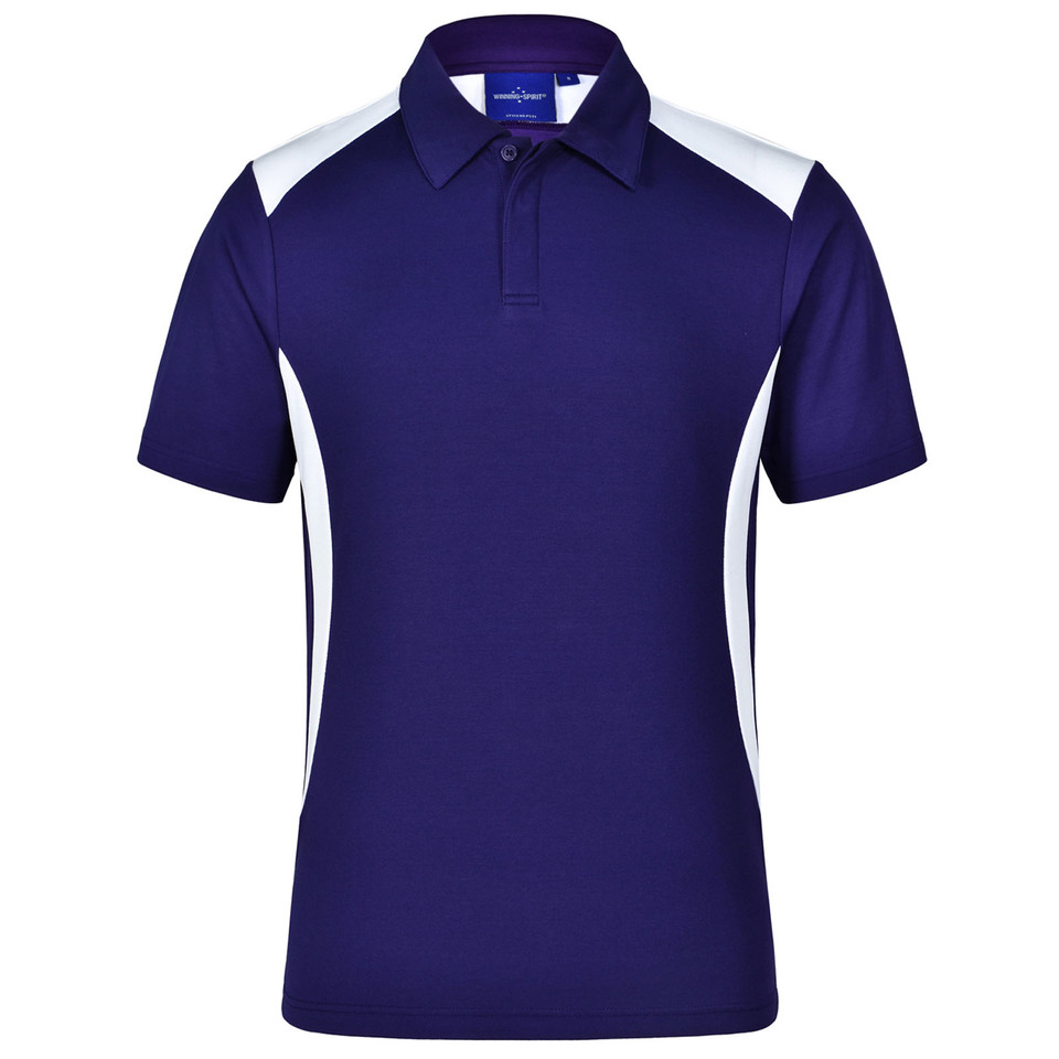 Purple+White Plain Secret children's short sleeve CoolDry polo shirt with contrast panels, made from quick-dry polyester mesh for moisture-wicking comfort and team uniforms.