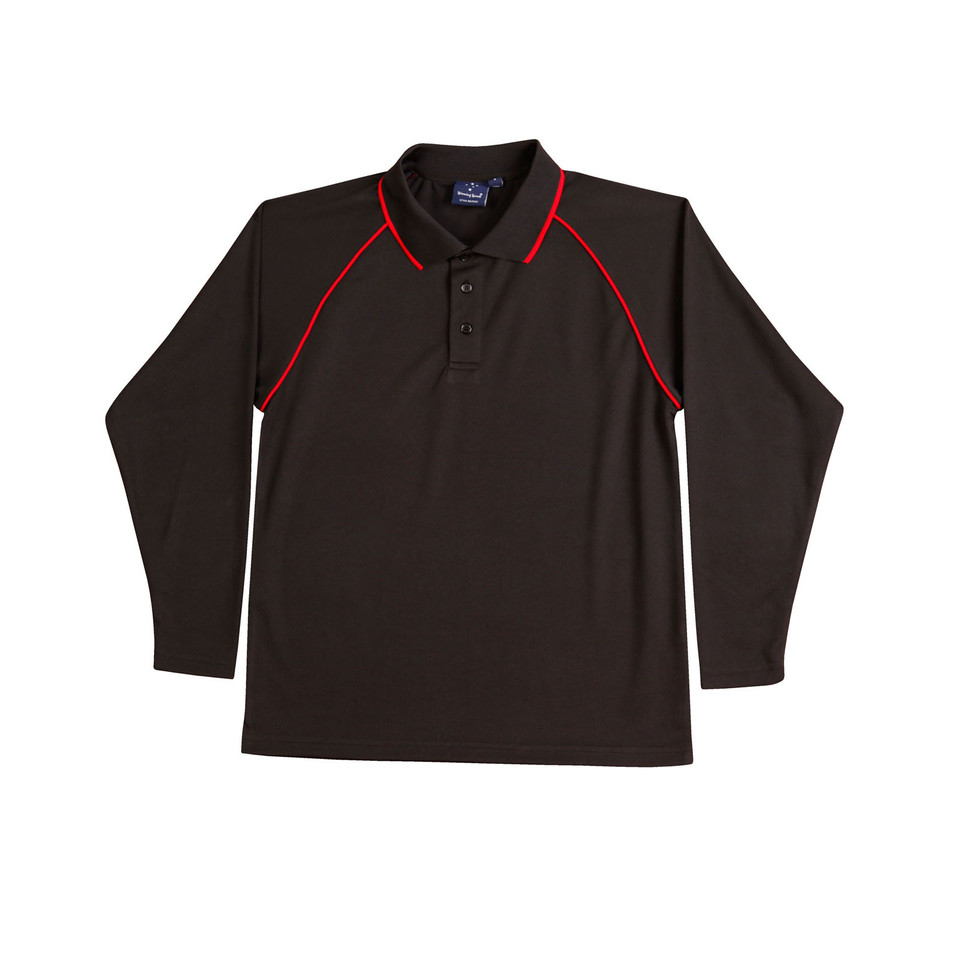 Charcoal long sleeve polo with red contrast piping along raglan sleeves and collar