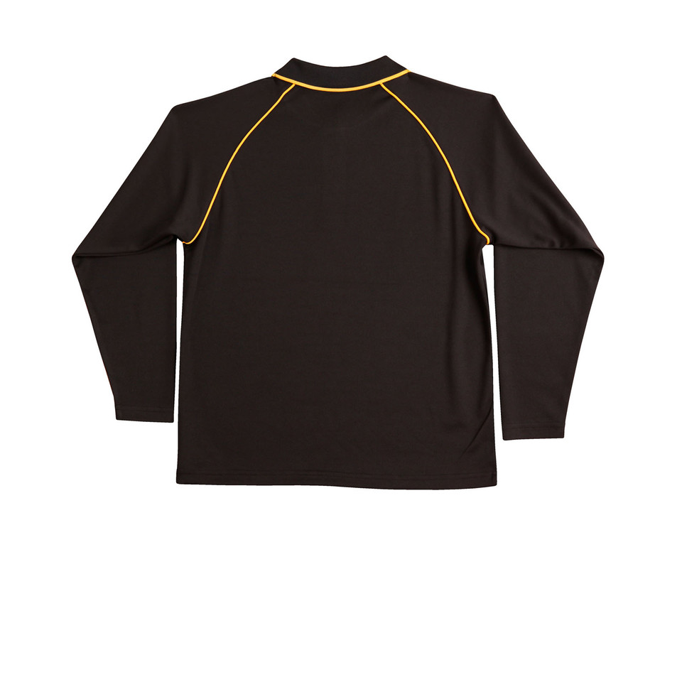 Black+Gold SAINT Men's Cooldry Long Sleeve Contrast Polo, a quick-dry, moisture-wicking top with contrasting trim, ideal for corporate uniforms or outdoor work.