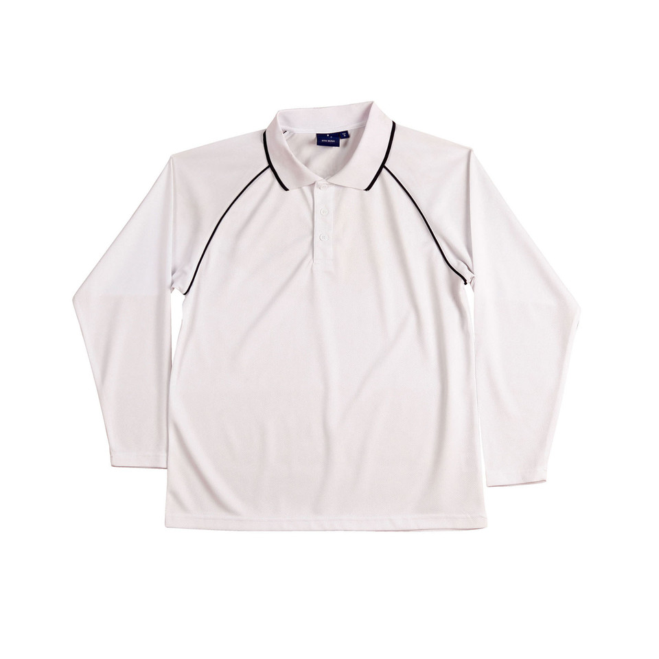 White+Navy SAINT Men's Cooldry Long Sleeve Contrast Polo, a quick-dry, moisture-wicking top with contrasting trim, ideal for corporate uniforms or outdoor work.