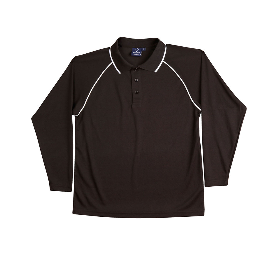 Black+White SAINT Men's Cooldry Long Sleeve Contrast Polo, a quick-dry, moisture-wicking top with contrasting trim, ideal for corporate uniforms or outdoor work.