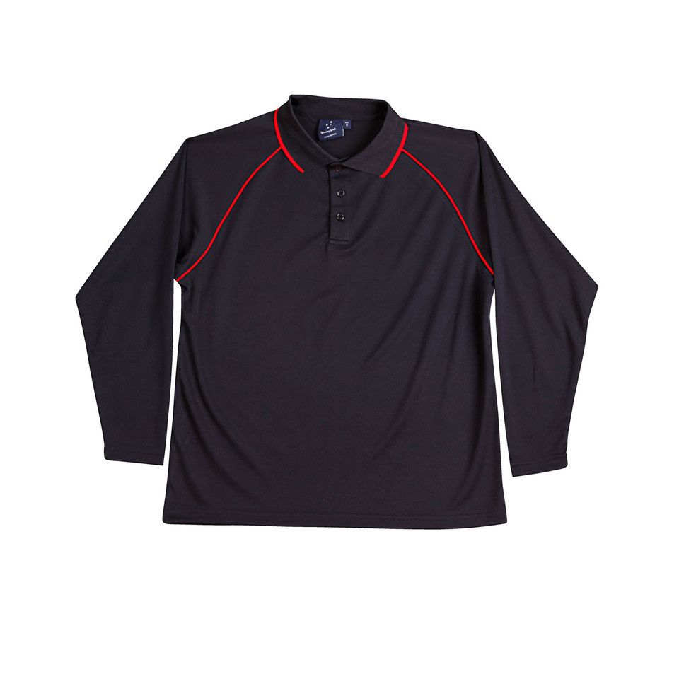 Navy+Red SAINT Men's Cooldry Long Sleeve Contrast Polo, a quick-dry, moisture-wicking top with contrasting trim, ideal for corporate uniforms or outdoor work.