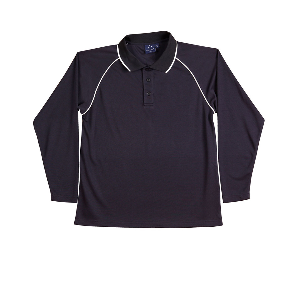 Navy+White SAINT Men's Cooldry Long Sleeve Contrast Polo, a quick-dry, moisture-wicking top with contrasting trim, ideal for corporate uniforms or outdoor work.