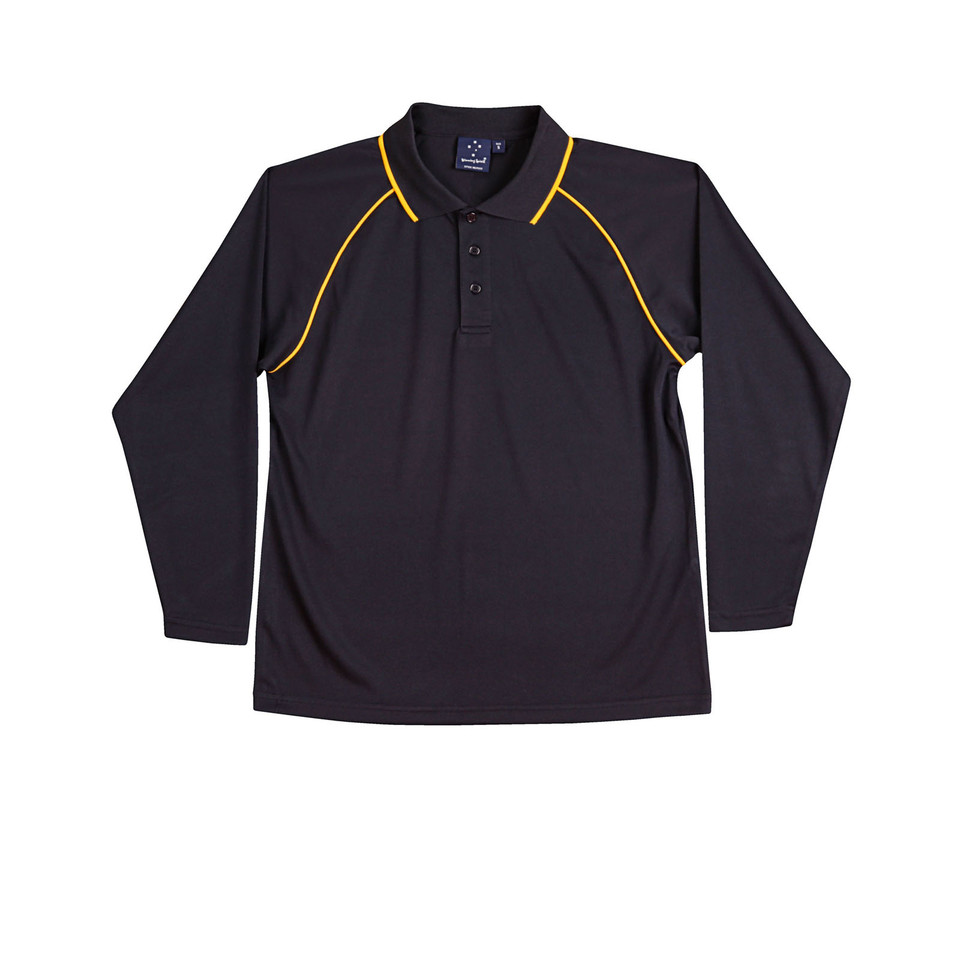 Navy+Gold SAINT Men's Cooldry Long Sleeve Contrast Polo, a quick-dry, moisture-wicking top with contrasting trim, ideal for corporate uniforms or outdoor work.