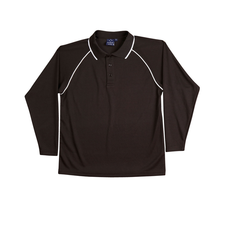 Black CoolDry long sleeve polo with white contrast piping on raglan sleeves and collar trim