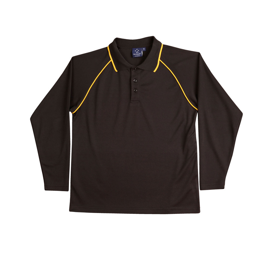 Charcoal long sleeve polo with gold contrast piping along raglan sleeves and collar