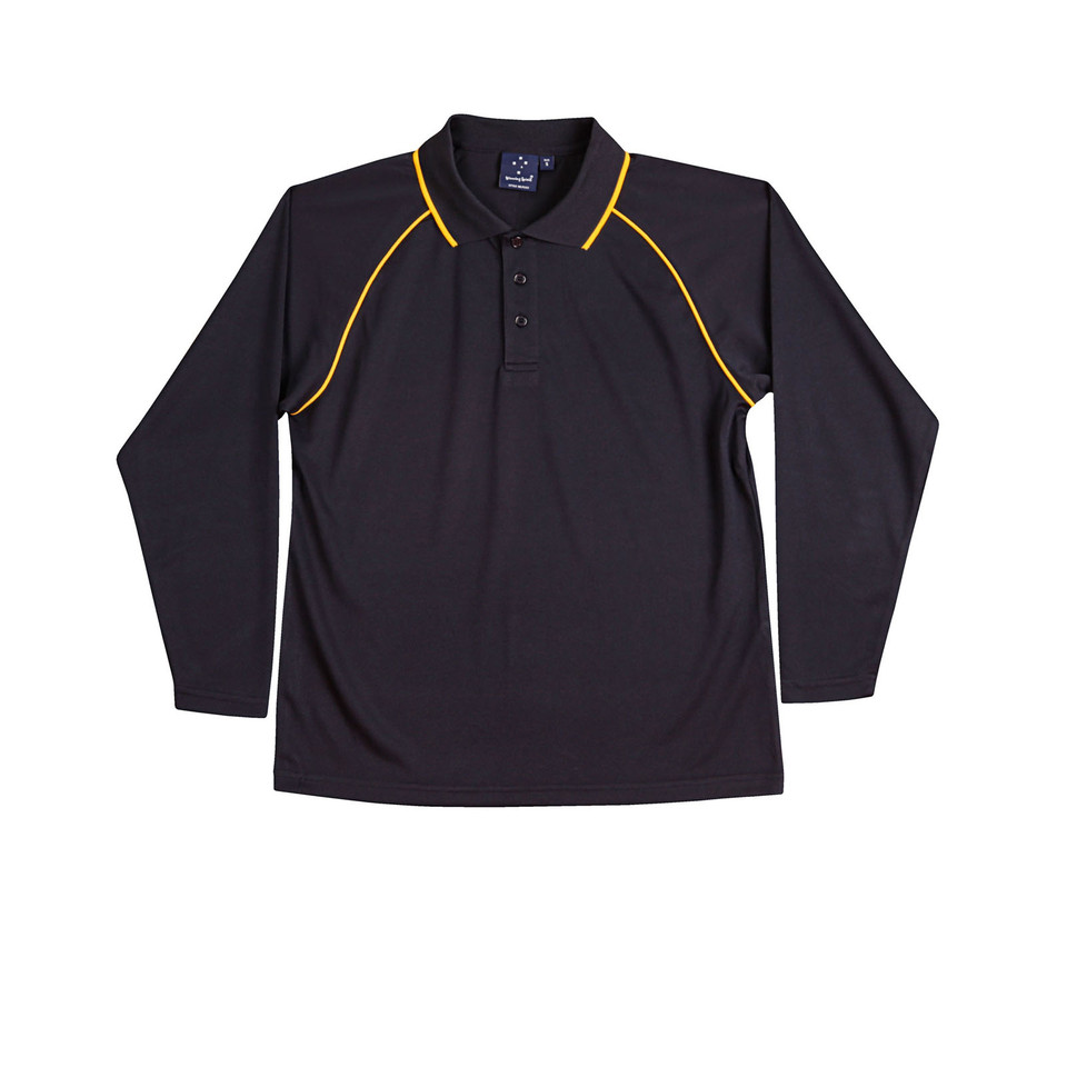 Navy long sleeve polo with gold contrast piping along shoulders and collar