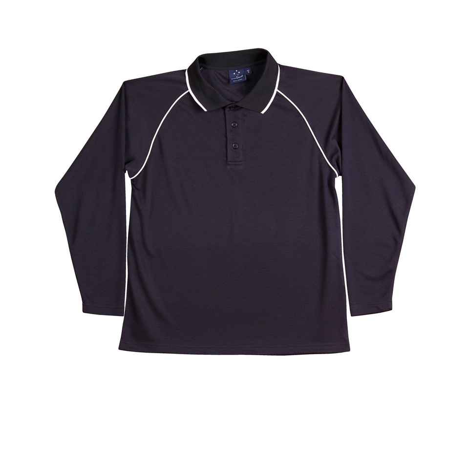 Navy+White | Kids CoolDry Long Sleeve Sports Polo Shirt
