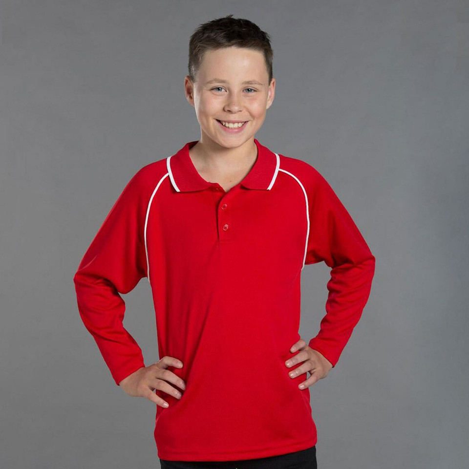 Red long sleeve polo with white contrast piping on collar and shoulders