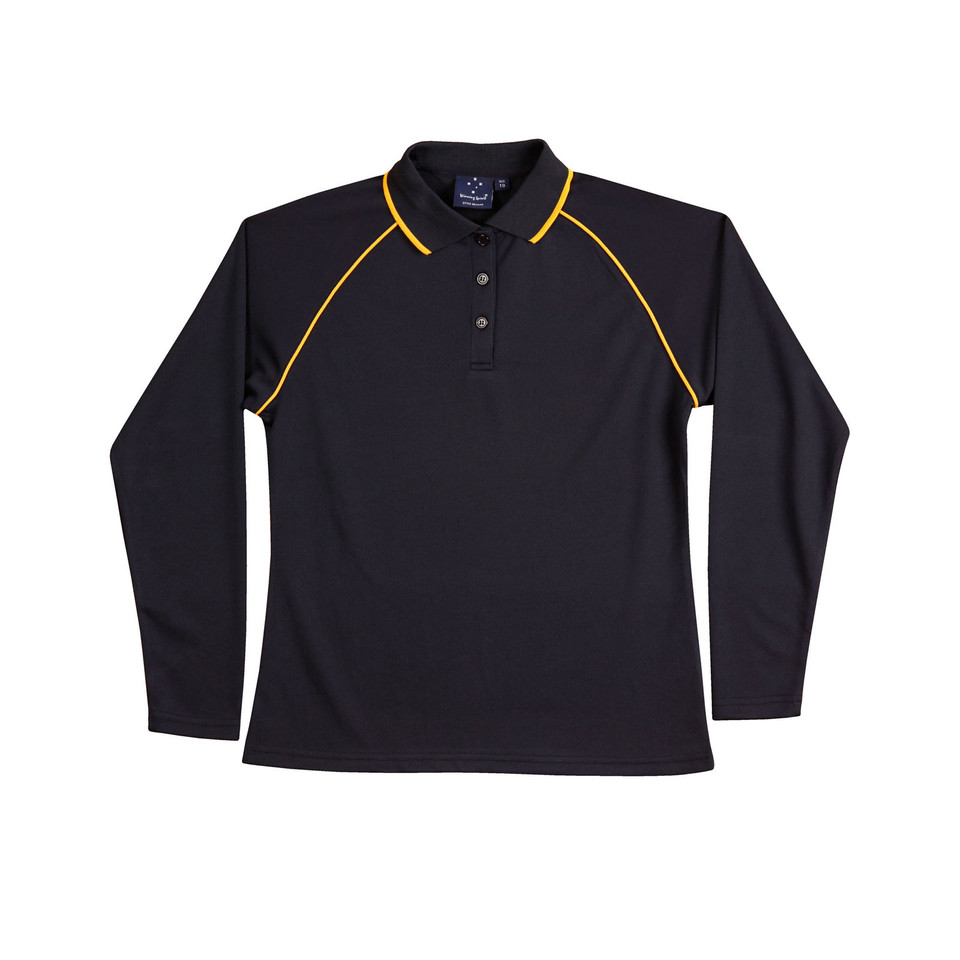 Ladies black long sleeve polo with gold contrast piping on shoulders and collar trim