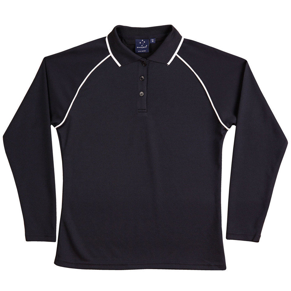 Navy long sleeve polo shirt with white contrast piping along raglan sleeves and collar trim