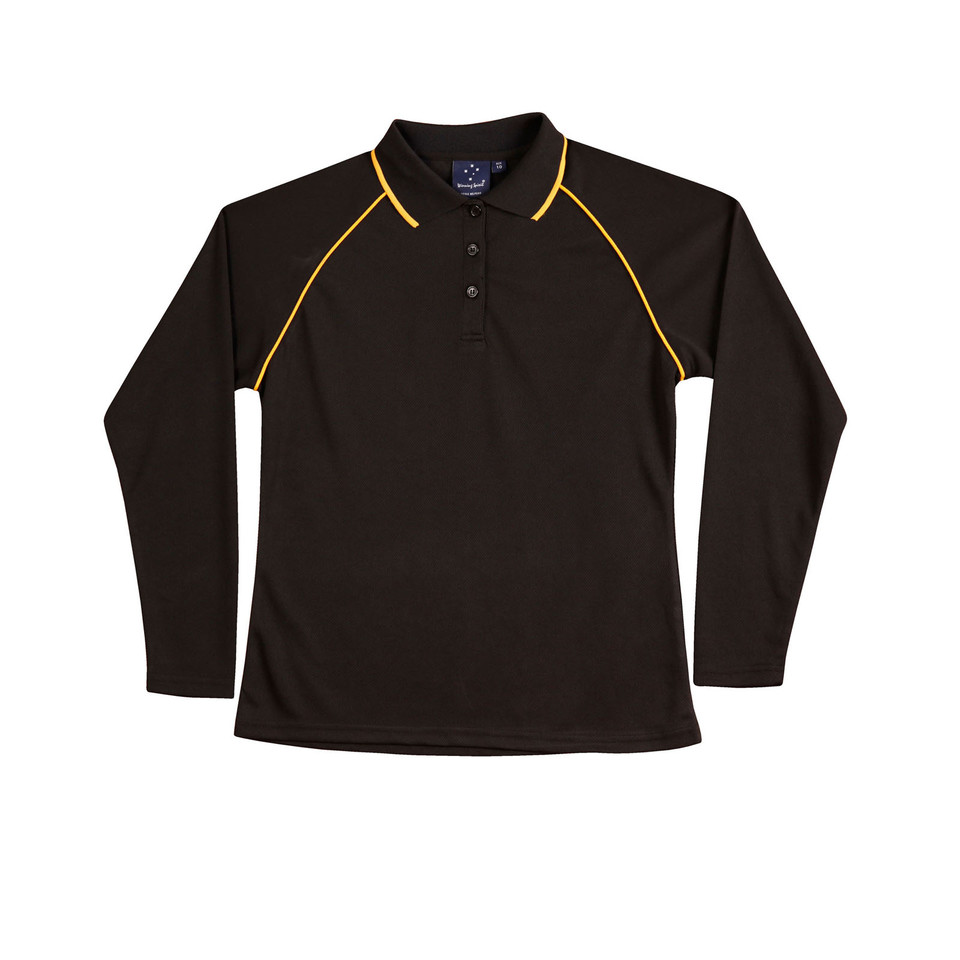 Black+Gold Saint Ladies Cooldry Long Sleeve Contrast Polo Shirt, a quick-dry, moisture-wicking top ideal for corporate or active uniforms.