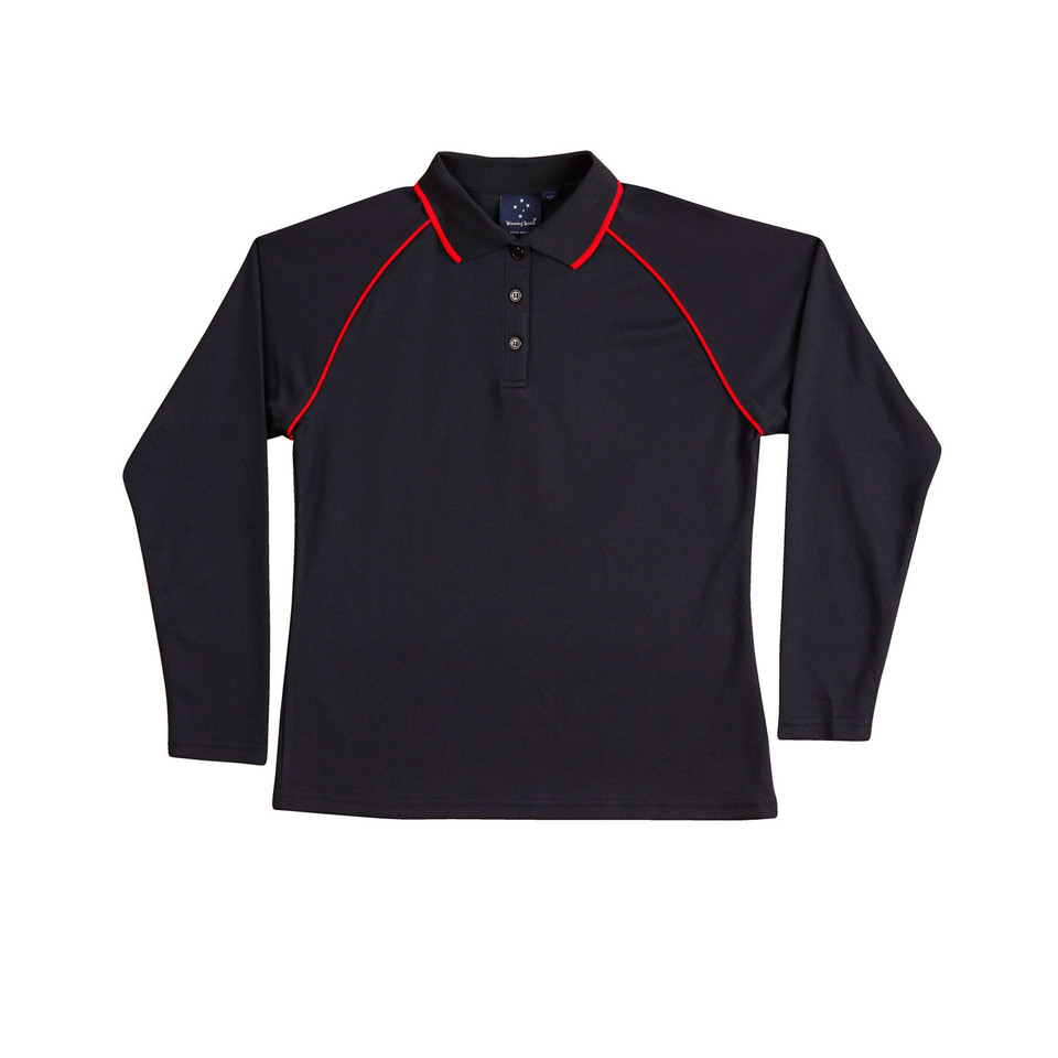 Navy+Red Saint Ladies Cooldry Long Sleeve Contrast Polo Shirt, a quick-dry, moisture-wicking top ideal for corporate or active uniforms.