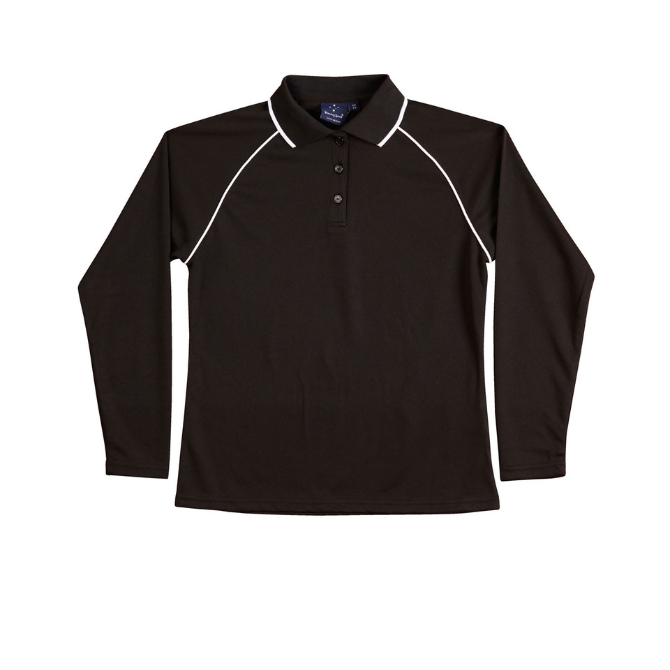 Black+White Saint Ladies Cooldry Long Sleeve Contrast Polo Shirt, a quick-dry, moisture-wicking top ideal for corporate or active uniforms.