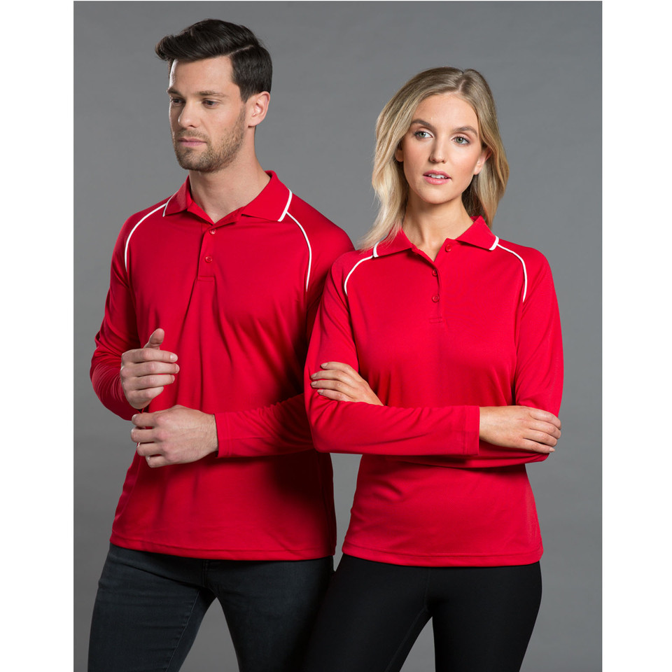 Man and woman wearing red long sleeve polo shirts with white contrast piping on shoulders and collar