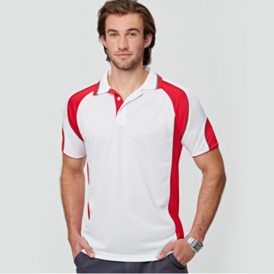 Loki Men's Cooldry Contrast Short Sleeve Polo in white and red, worn by a male model, ideal for activewear or corporate uniforms