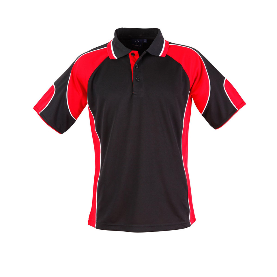 Black polo shirt with red contrast panels and white piping detail on sleeves and sides