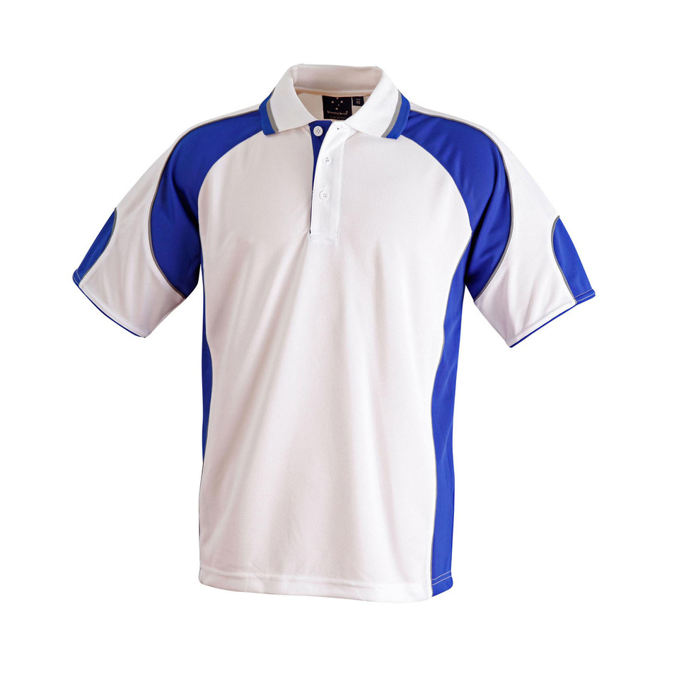 White CoolDry polo with royal blue contrast raglan sleeves and side panels