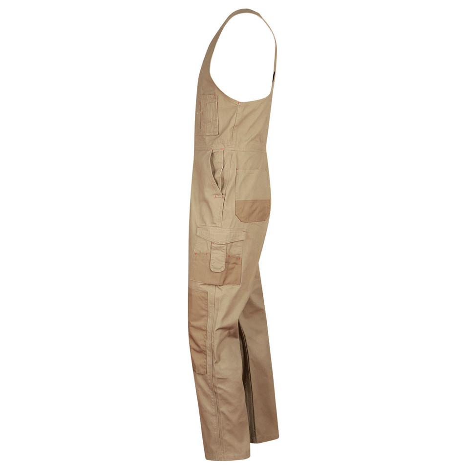 Sand cotton bib overalls side view showing cargo pockets, knee reinforcement panels and adjustable straps