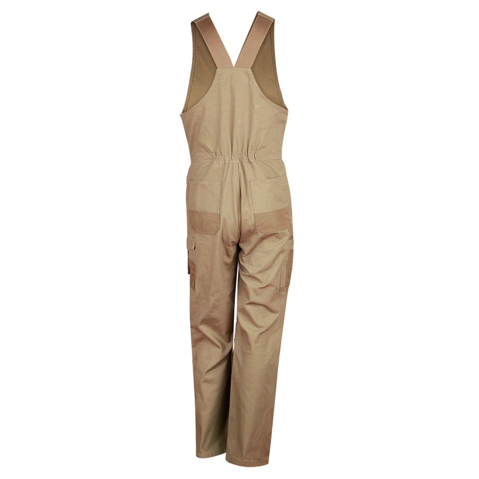 Khaki cotton bib overalls with action back, elasticated waist, cargo pocket and contrast tan reinforcement panels