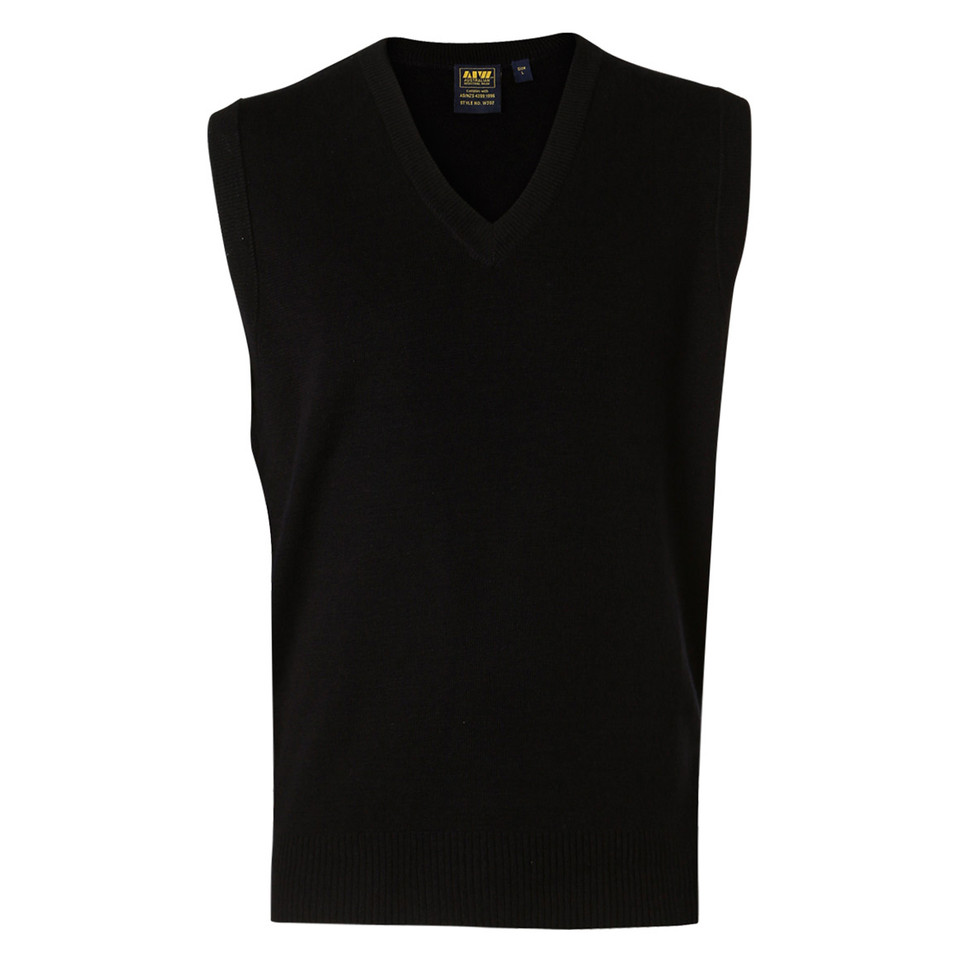 Black sleeveless V-neck knit vest with ribbed hem and armholes on white background