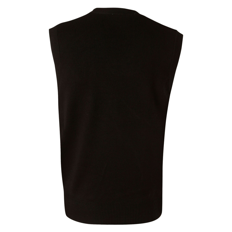 Black knit sleeveless vest rear view showing ribbed hem and clean back panel